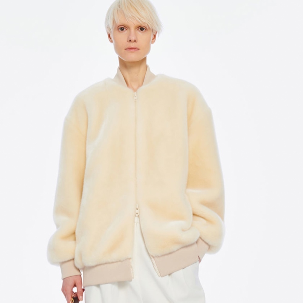 Tibi Cream Luxe Faux Fur Track Jacket Size Small